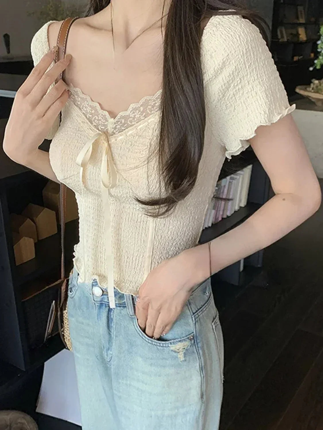Sweet Lace Korean Kawaii Female Crop Tees Blouse