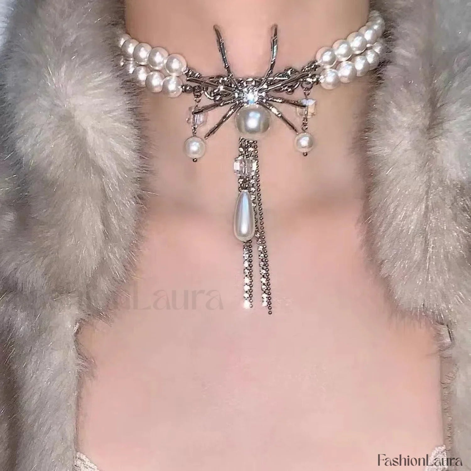 Sweet Pearl Layer Cool Double Spider Necklace