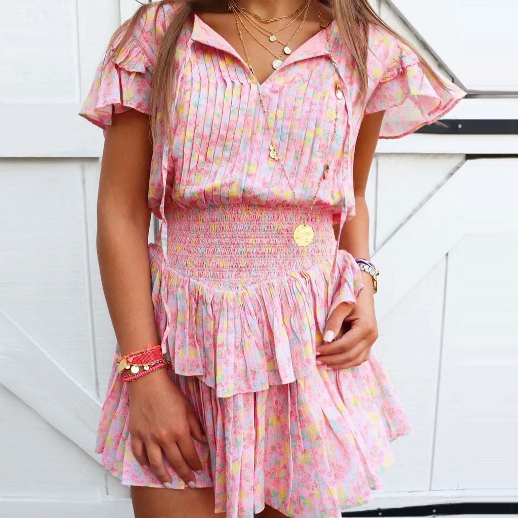 Tiered Ruffle Floral Printed Mini Dress - Pink