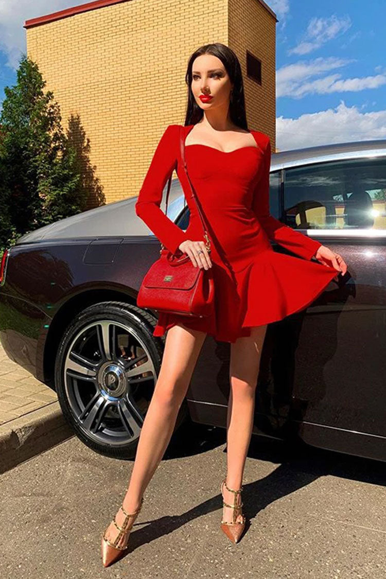 Sweetheart Long Sleeve Winter Ruffle Bandage Knit Mini Dress - Red - View 3
