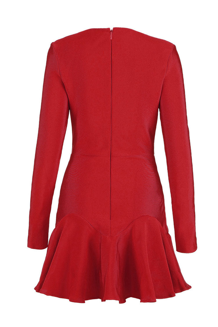 Sweetheart Long Sleeve Winter Ruffle Bandage Knit Mini Dress - Red - View 4