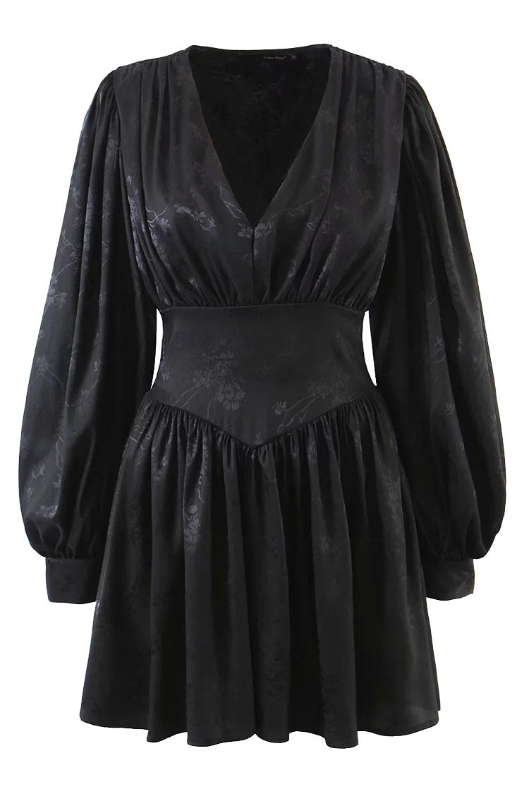 Floral Jacquard Deep V-Neck Long Sleeve Corset Fit and Flare Mini Dress
