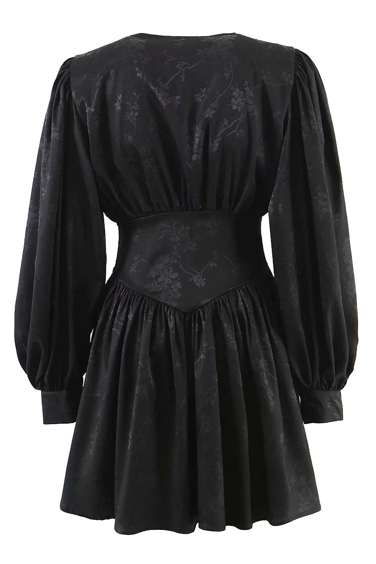 Floral Jacquard Deep V-Neck Long Sleeve Corset Fit and Flare Mini Dress