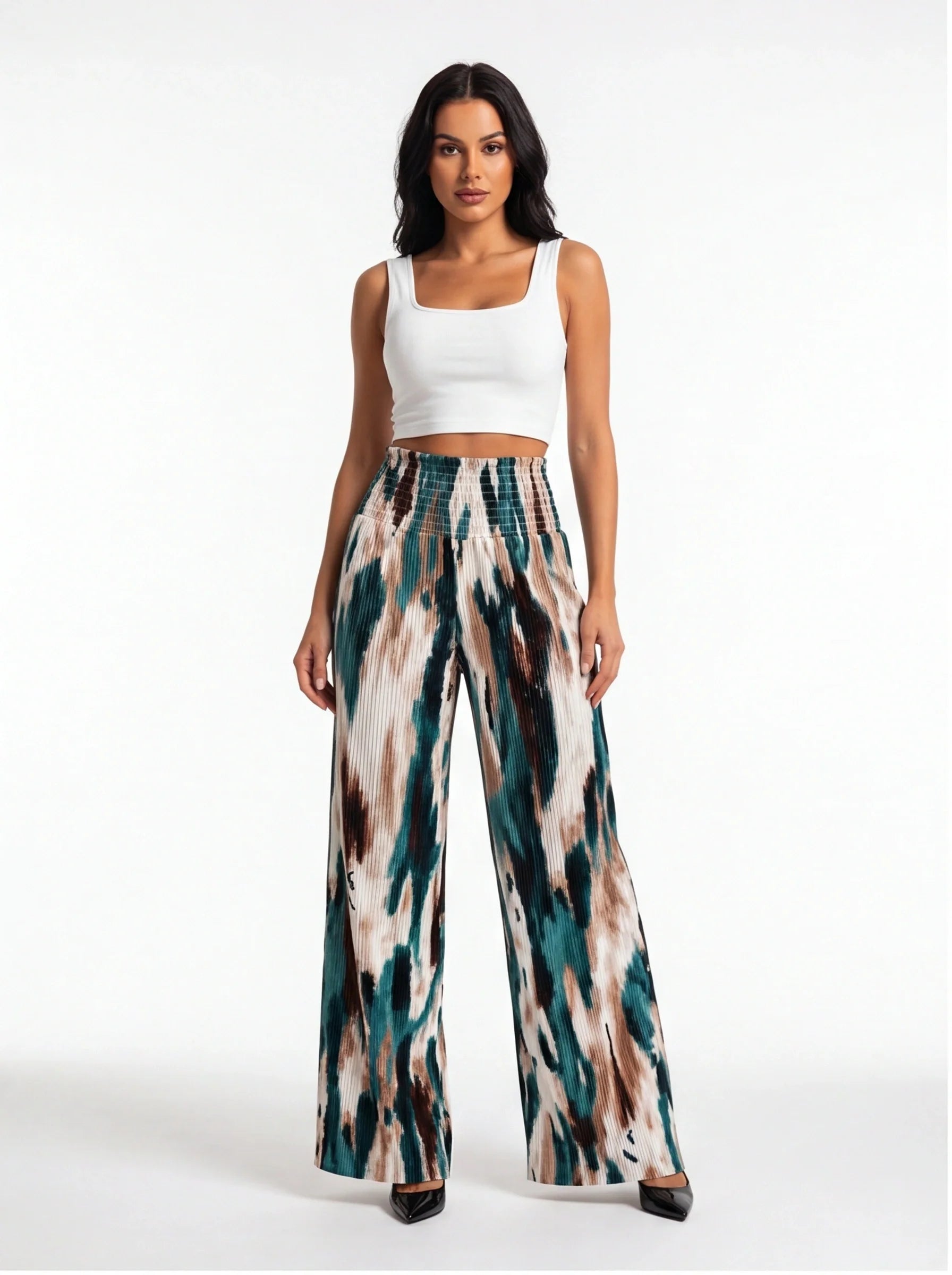 Tie Dye Wide Leg Pants Pleated Polyester - Jamota