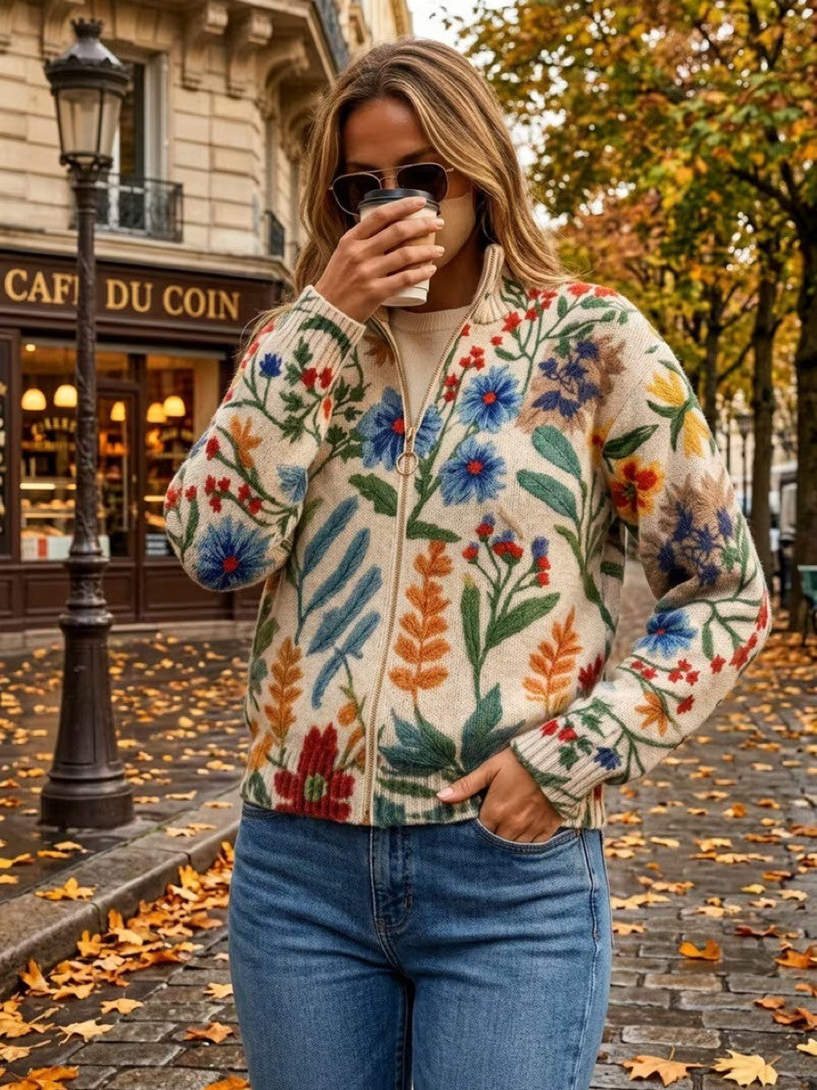 Floral Zip Front Stand Collar Knit Cardigan