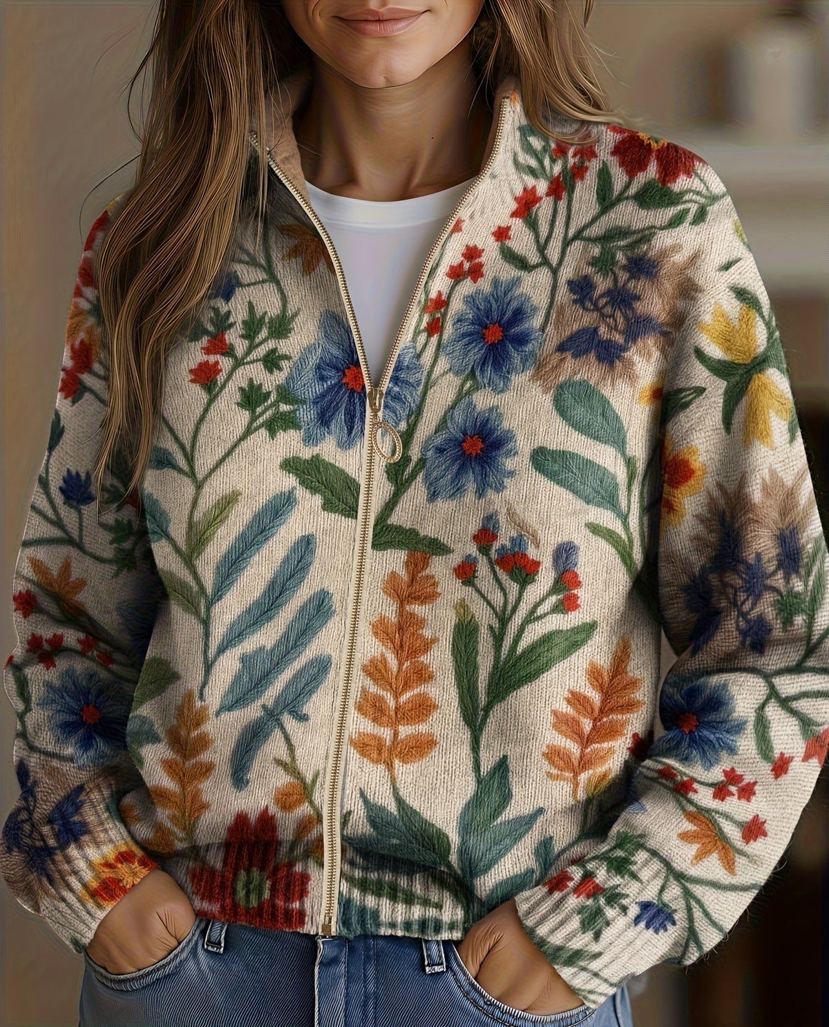 Floral Zip Front Stand Collar Knit Cardigan