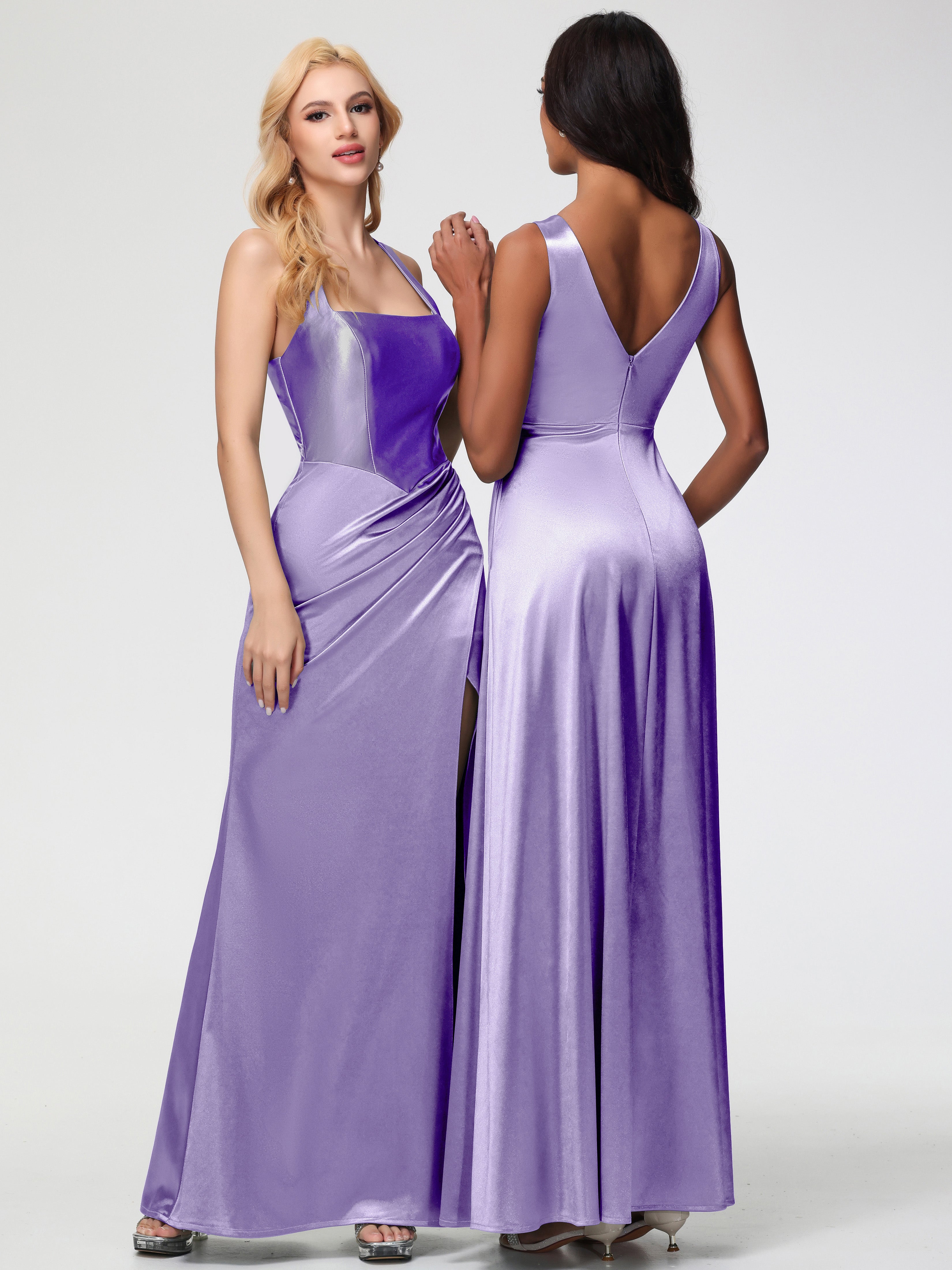 Tahiti Formal Dresses Straps Ruched Floor Length Sheath Formal Dress With Slit