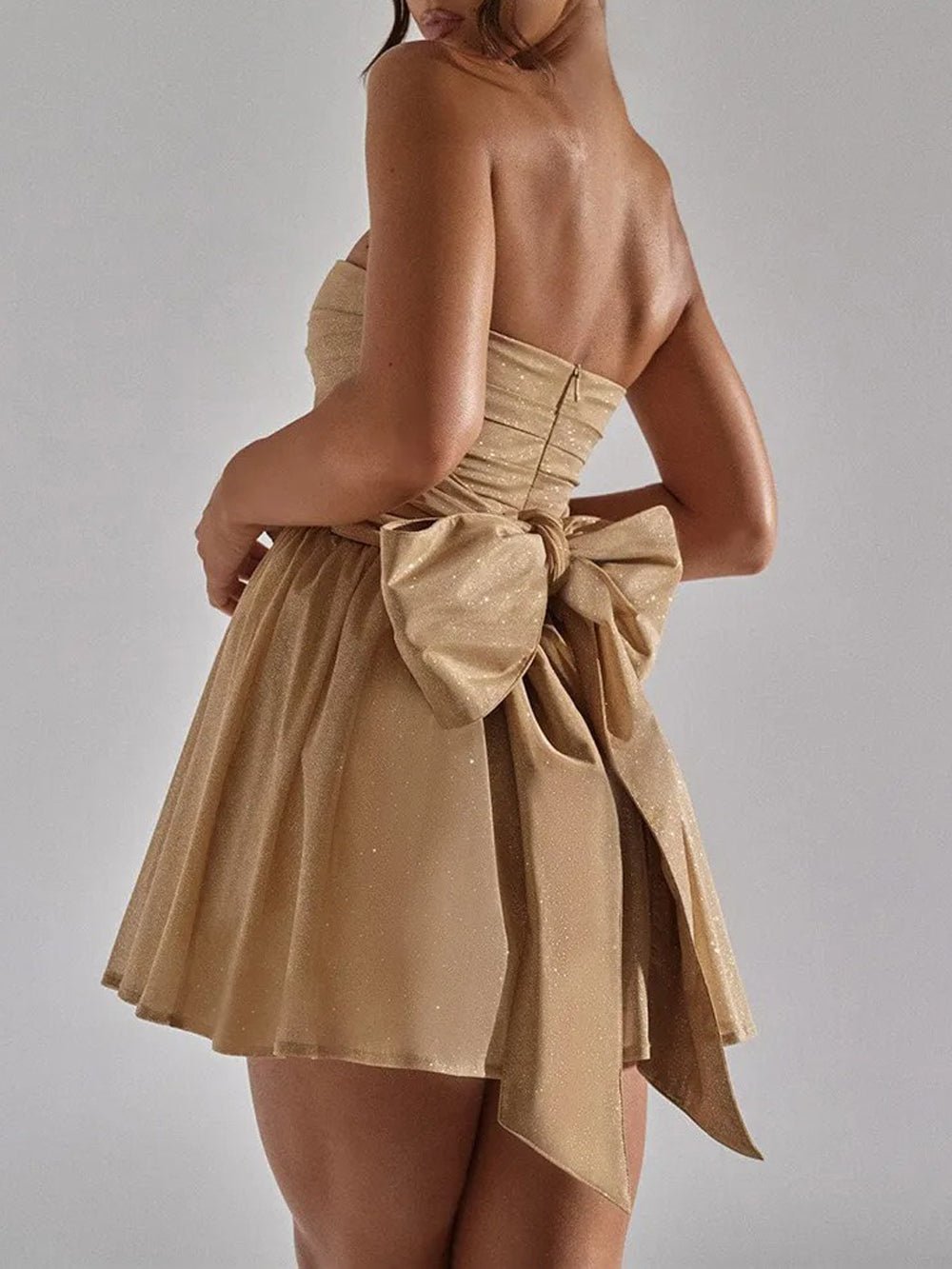 Glitter Tulle Strapless Ruched Fit and Flare Mini Dress
