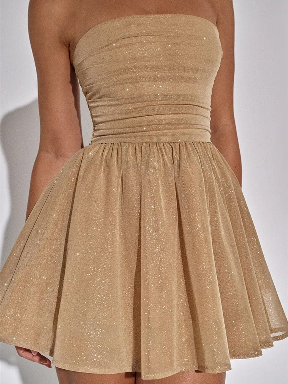 Glitter Tulle Strapless Ruched Fit and Flare Mini Dress