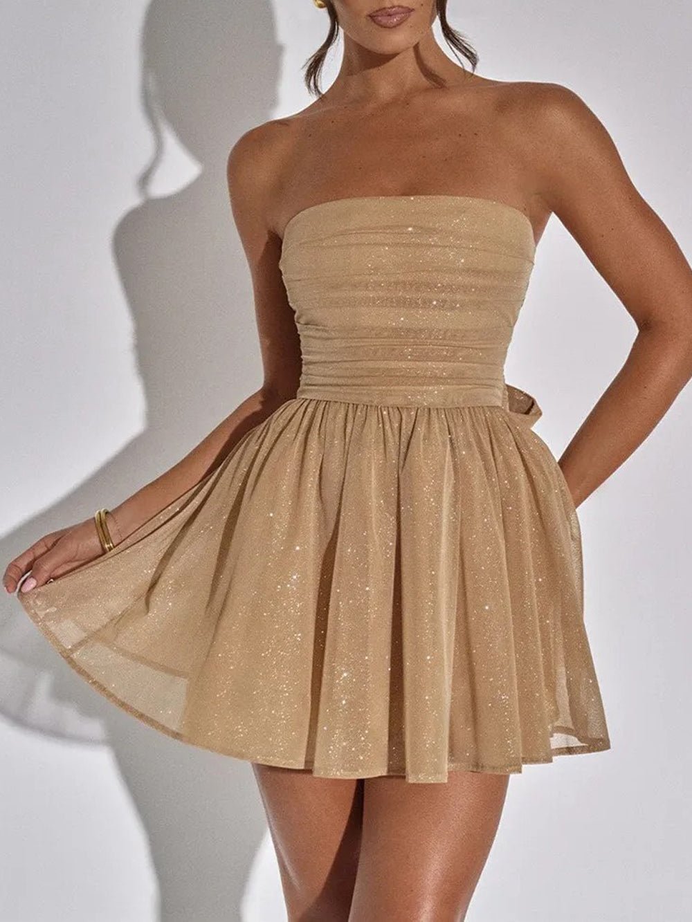 Glitter Tulle Strapless Ruched Fit and Flare Mini Dress