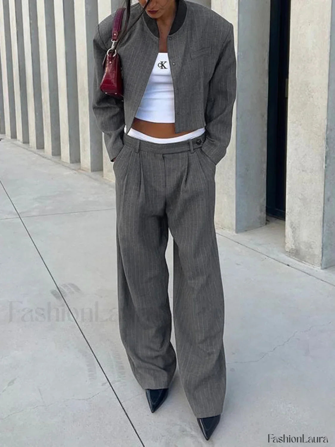 Tailored Pinstripe Graceful Patchwork Collar Jacket