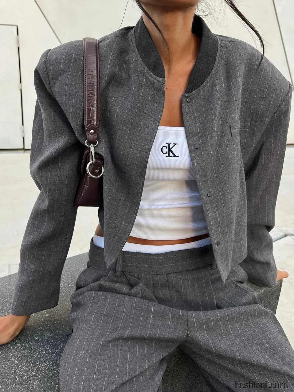 Tailored Pinstripe Graceful Patchwork Collar Jacket