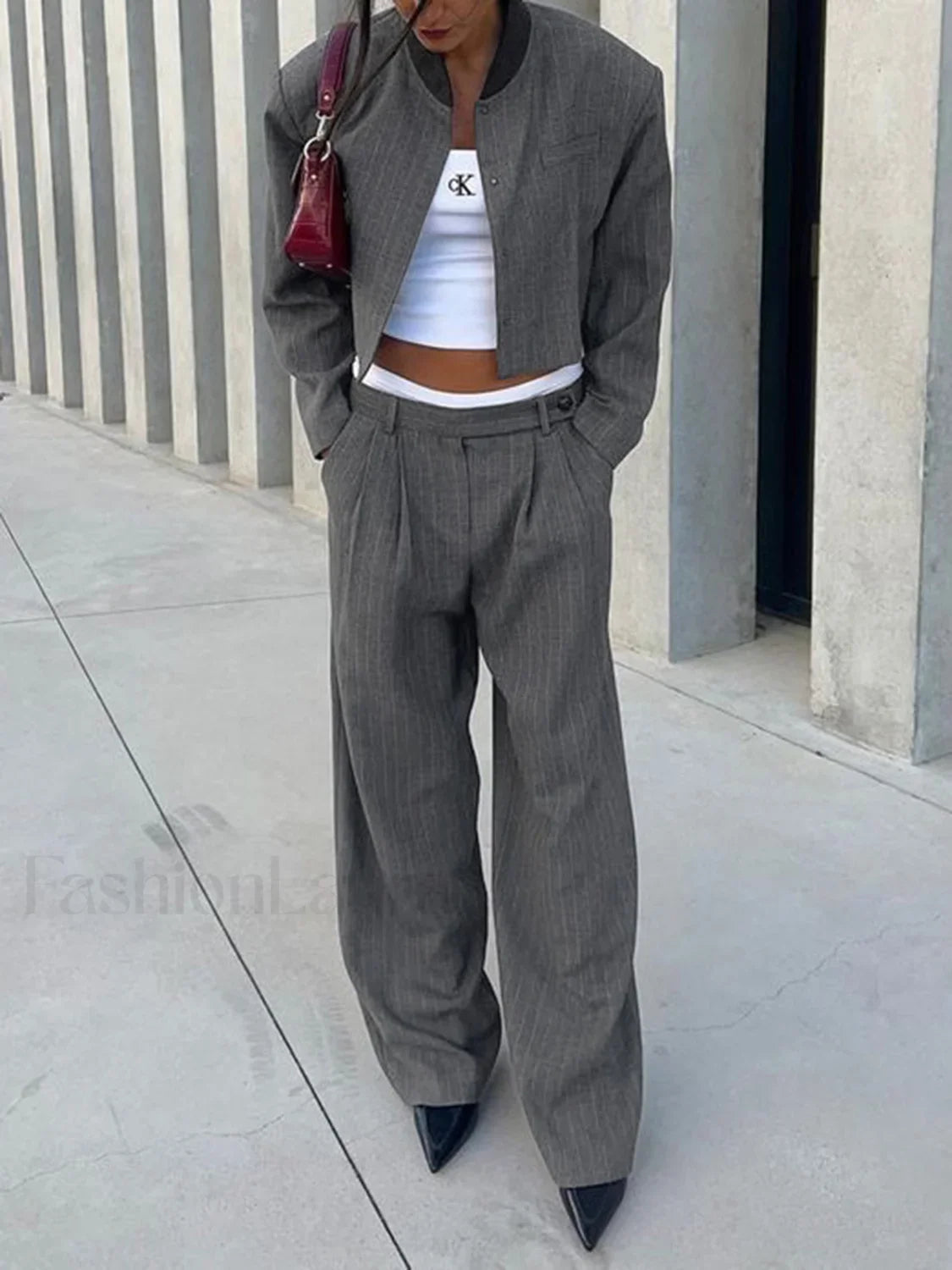 Tailored Pinstripe Graceful Patchwork Collar Jacket