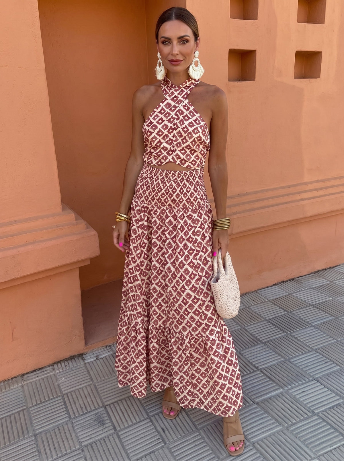 Geometric Print Halter Neck Cross Front Cut Out Tiered Maxi Dress