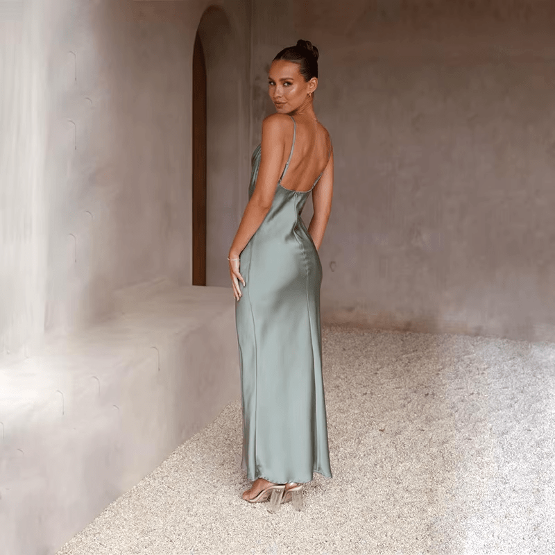 Satin Cowl Neck Spaghetti Strap Bias Cut Column Slip Maxi Dress