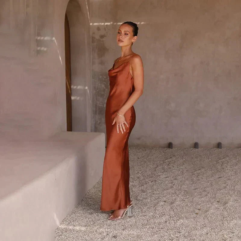 Satin Cowl Neck Spaghetti Strap Bias Cut Column Slip Maxi Dress