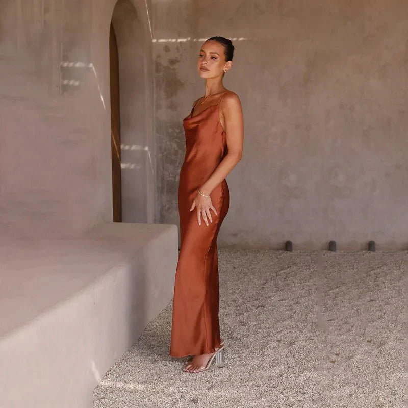 Satin Cowl Neck Spaghetti Strap Bias Cut Column Slip Maxi Dress - View 3