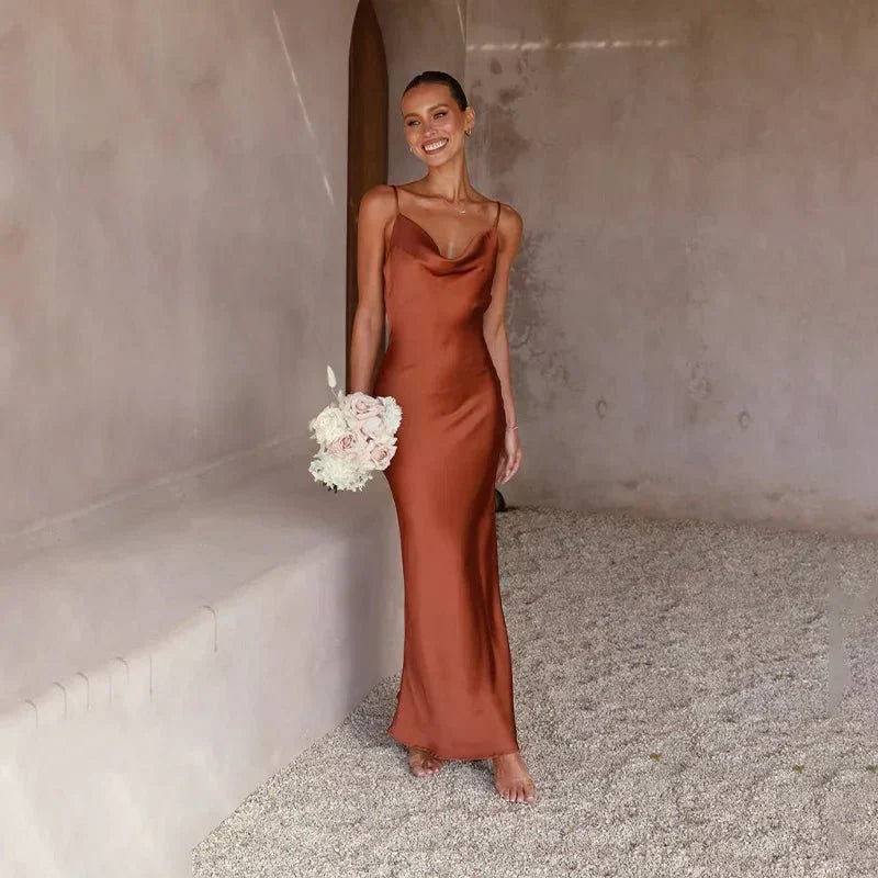 Satin Cowl Neck Spaghetti Strap Bias Cut Column Slip Maxi Dress
