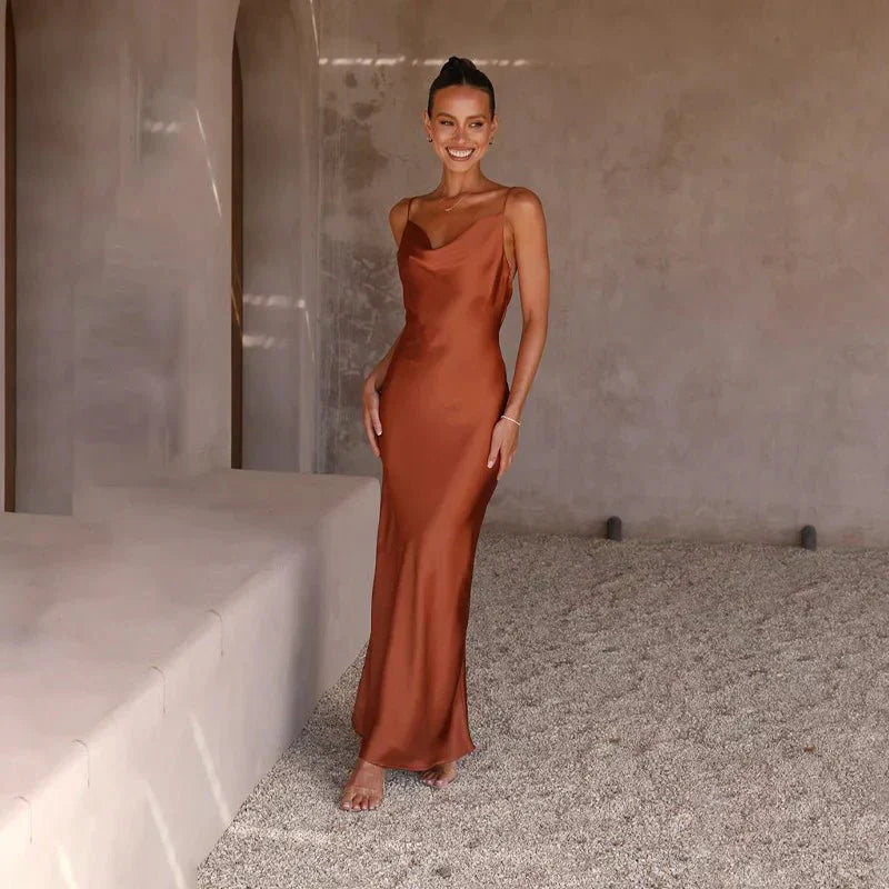 Satin Cowl Neck Spaghetti Strap Bias Cut Column Slip Maxi Dress