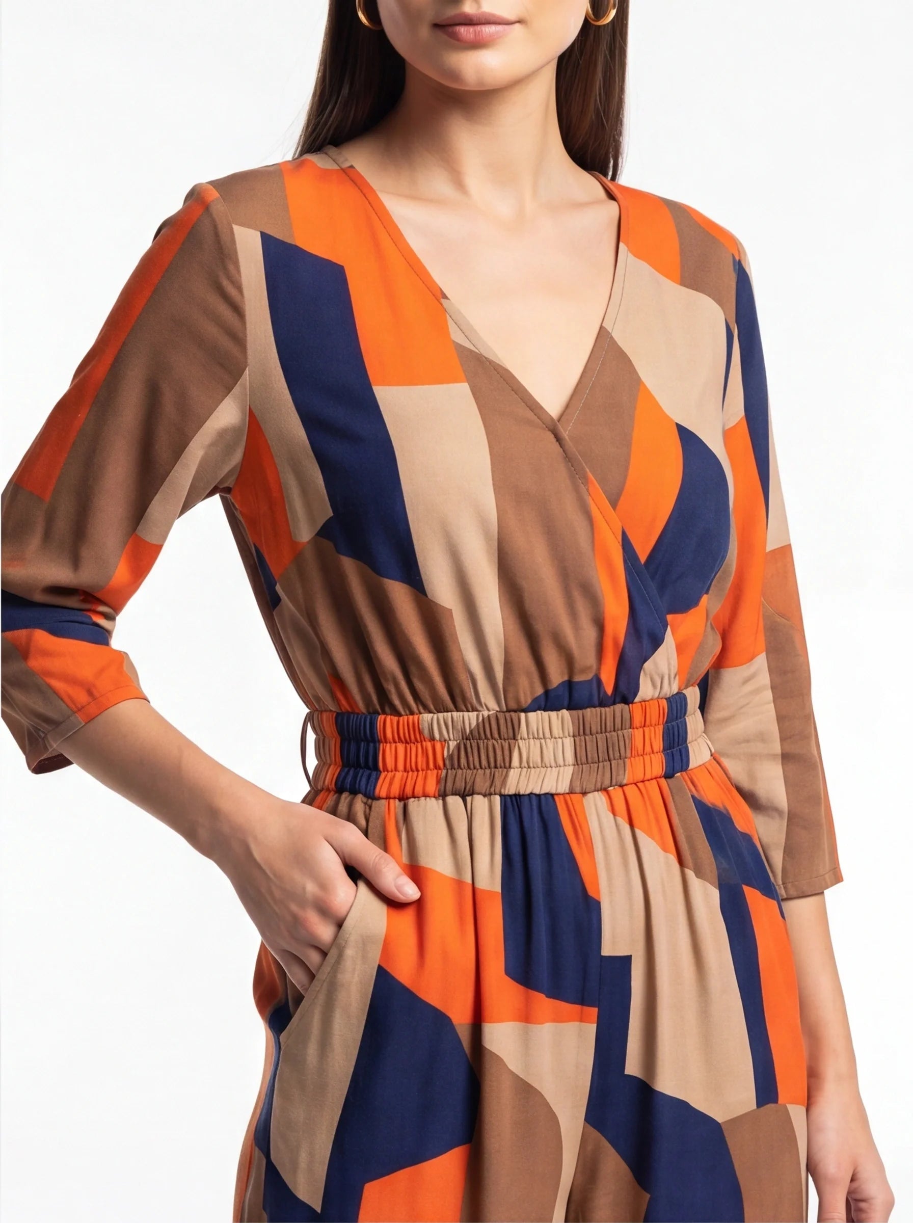 Chic Colorblock Geometric Jumpsuit with Belted Waist and Pockets