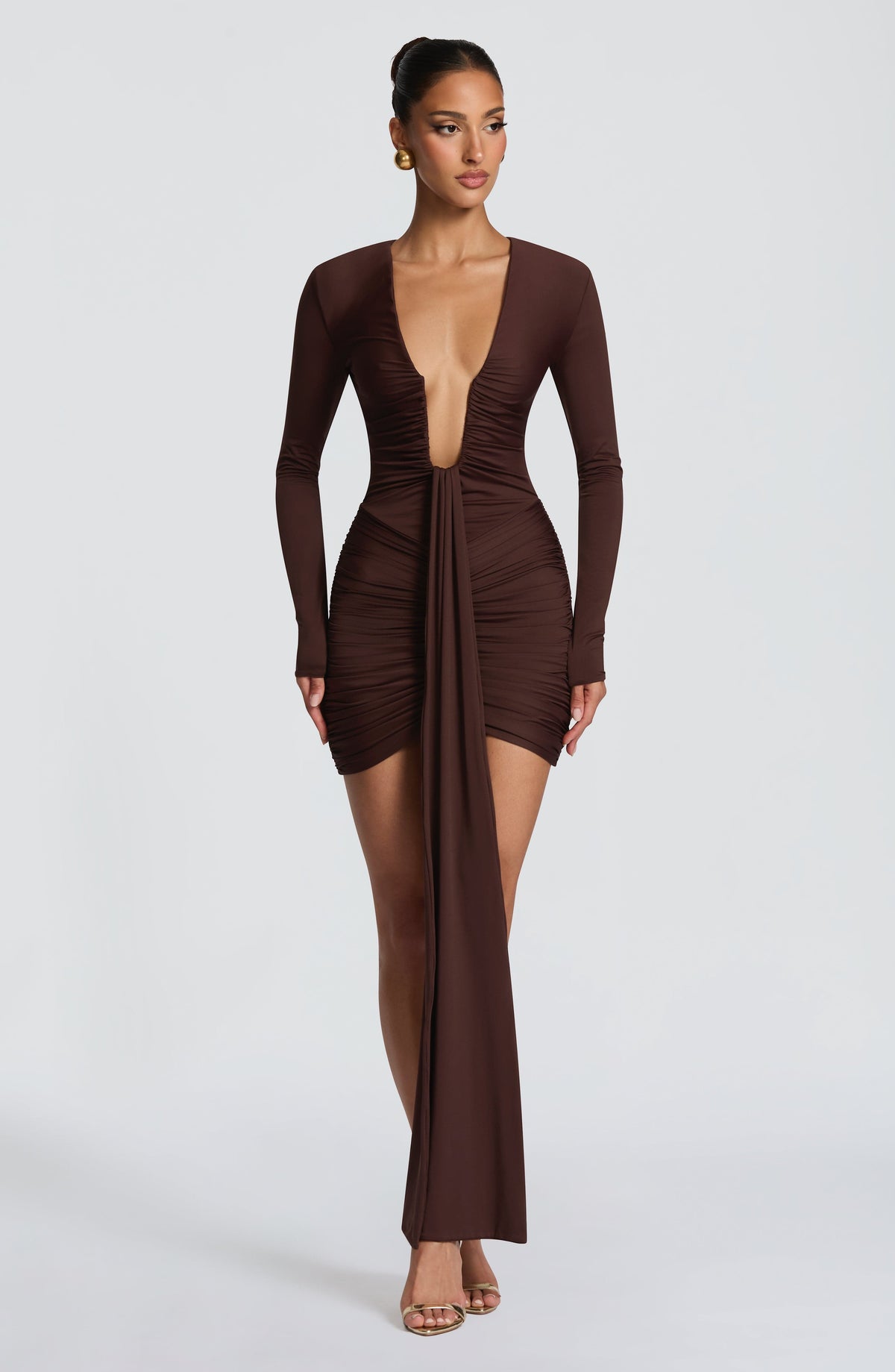 Plunging V-Neck Long Sleeve Ruched Drape Bodycon Mini Dress