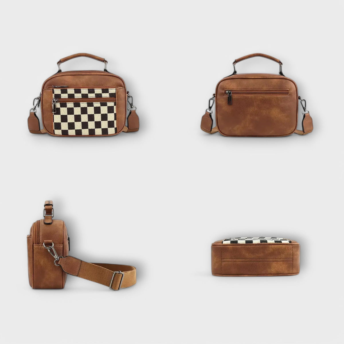 Checkerboard Print Top Handle Crossbody Bag