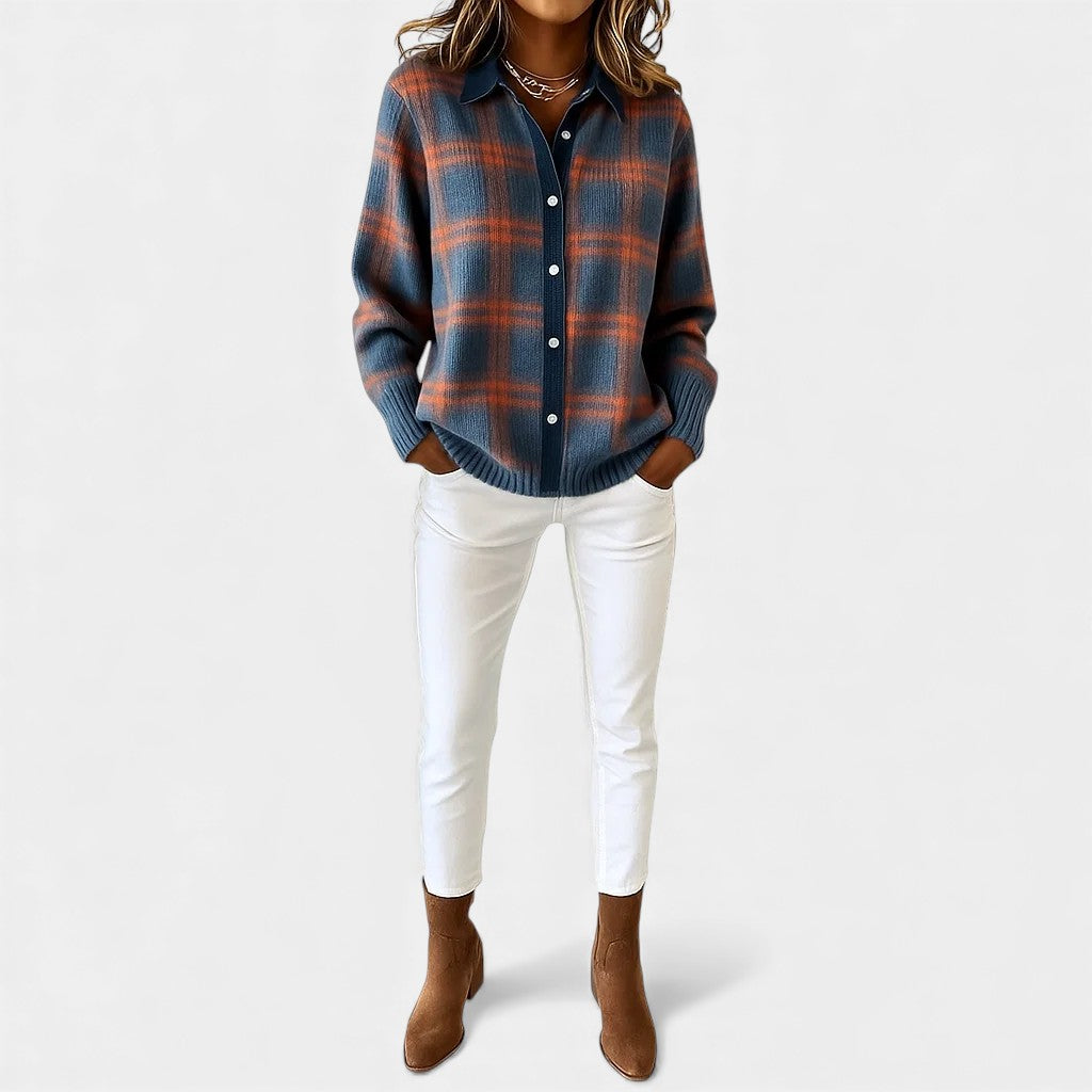 Collared Button Front Plaid Knit Shirt Cardigan