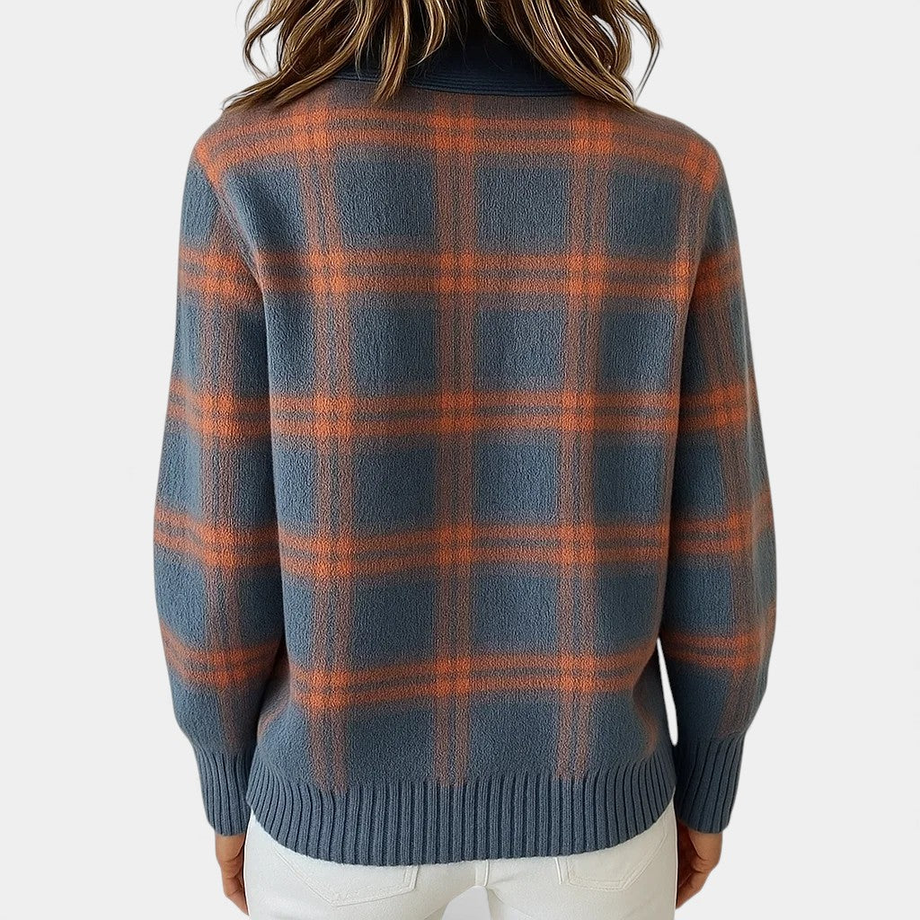 Collared Button Front Plaid Knit Shirt Cardigan