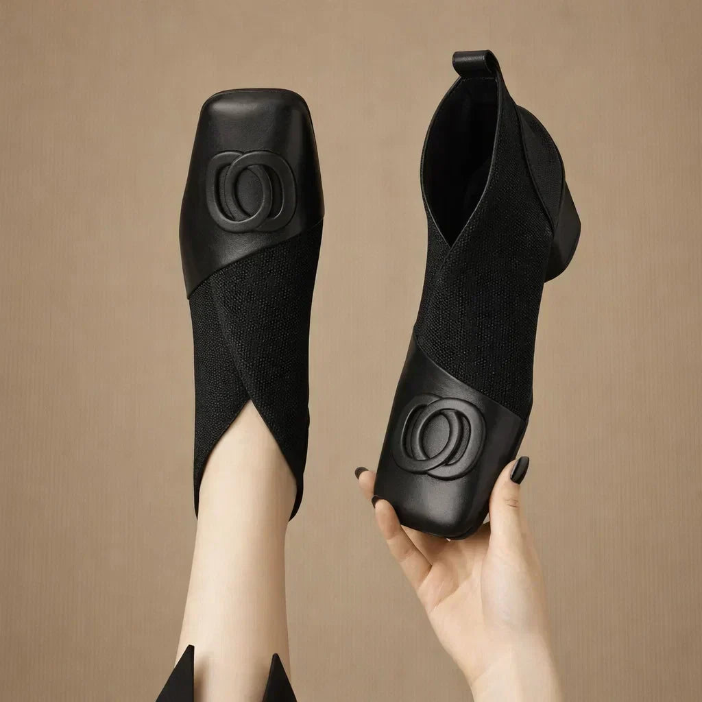 Square Toe Contrast Knit Panel Slip On Flats