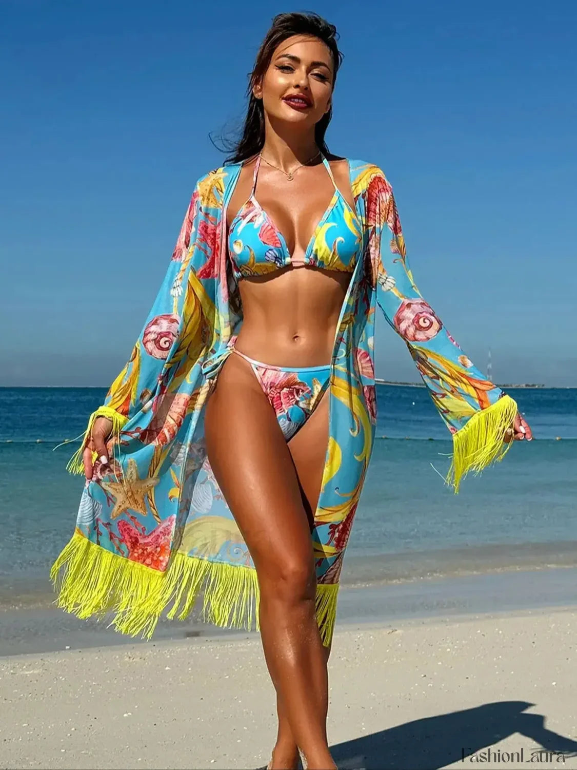 Tassel Drape Printed Bikini Three Piece Set