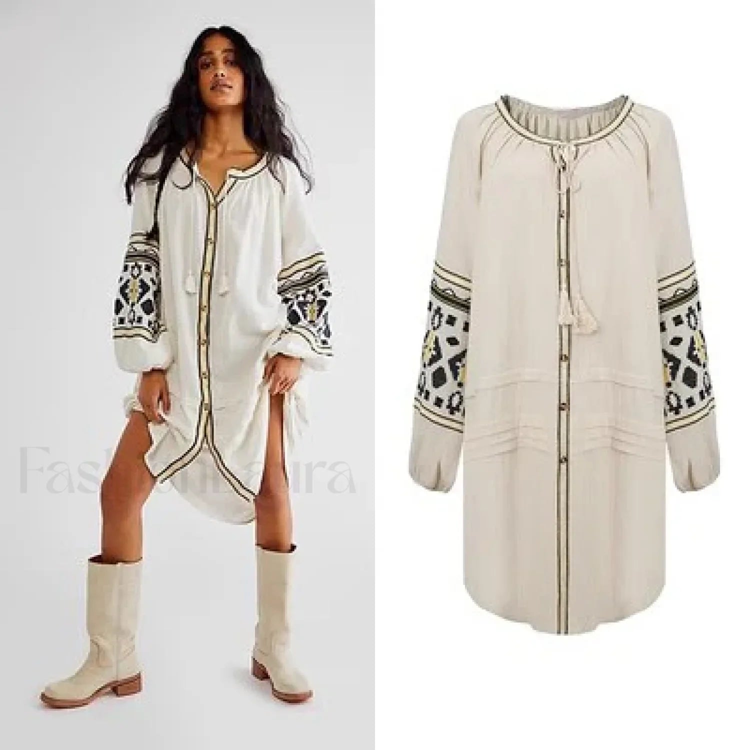 Tassel Lantern-Sleeve Boho Dress