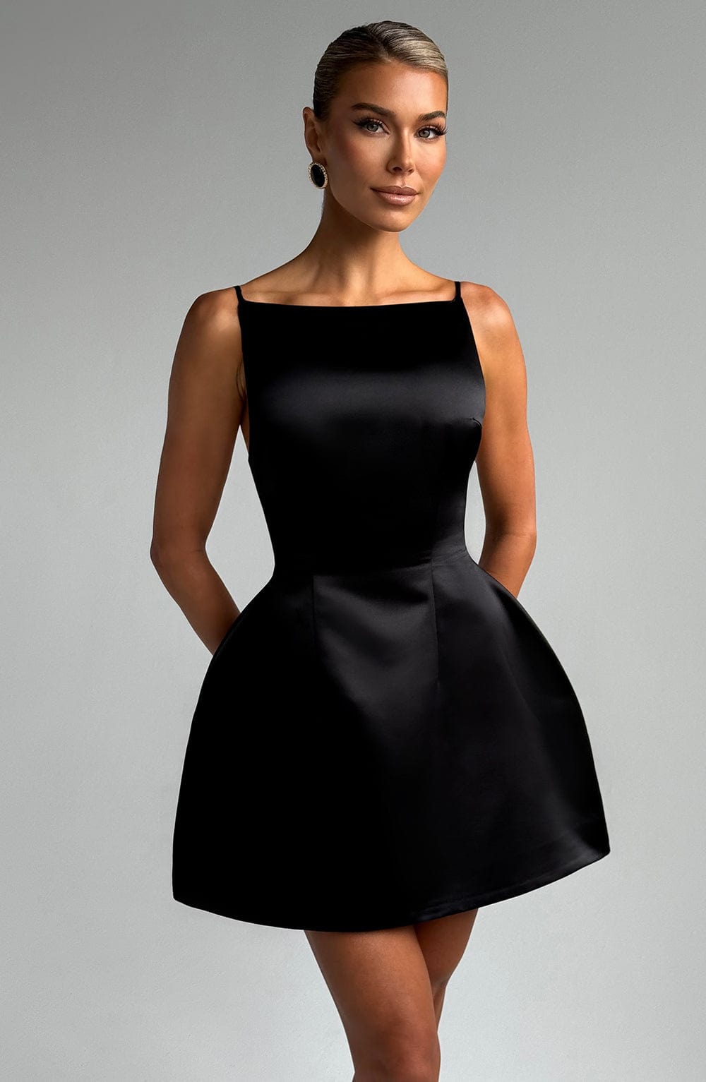 Satin Straight Neck Spaghetti Strap Structured Puff Skirt Mini Dress