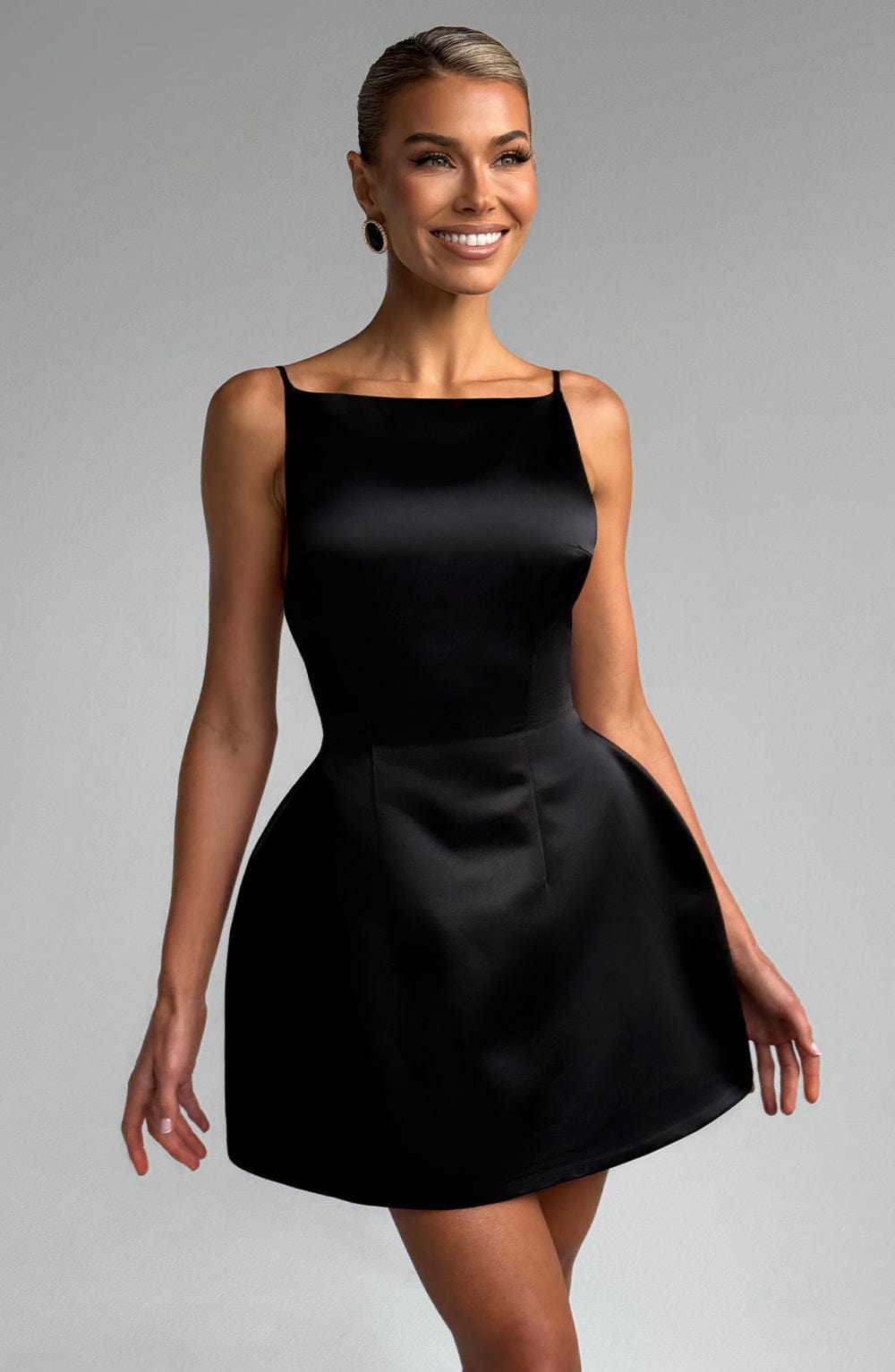 Satin Straight Neck Spaghetti Strap Structured Puff Skirt Mini Dress 3