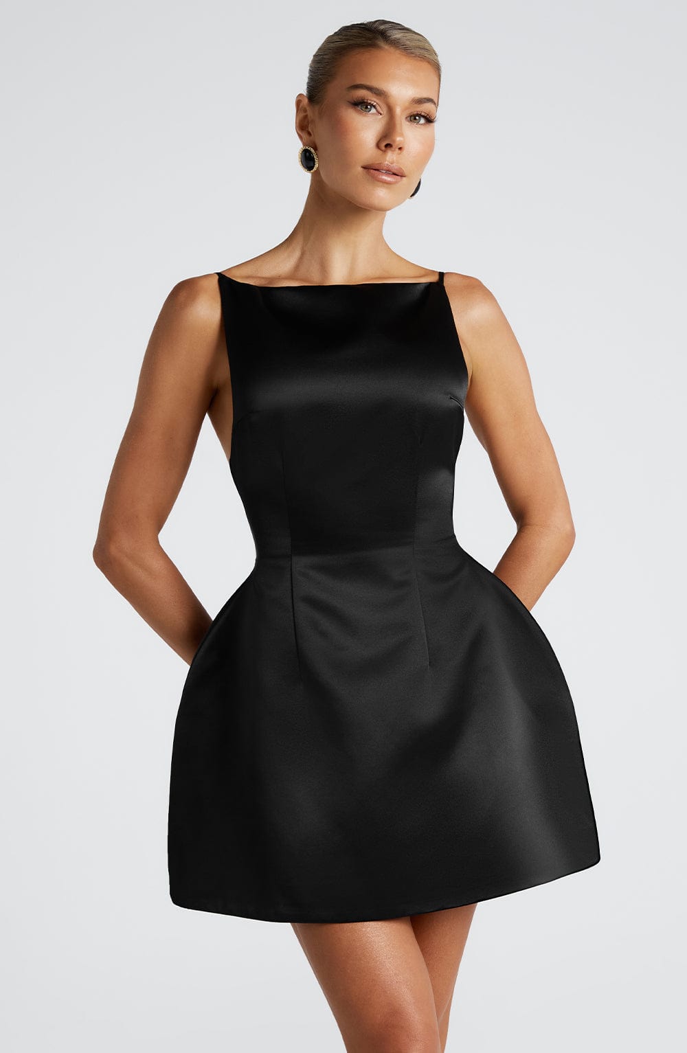 Satin Straight Neck Spaghetti Strap Structured Puff Skirt Mini Dress 7