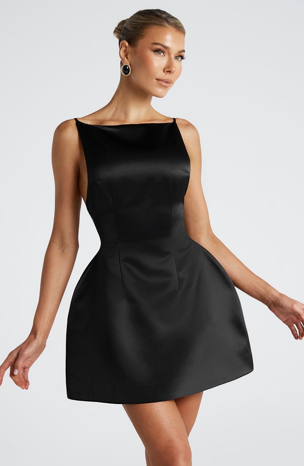 Satin Straight Neck Spaghetti Strap Structured Puff Skirt Mini Dress 10