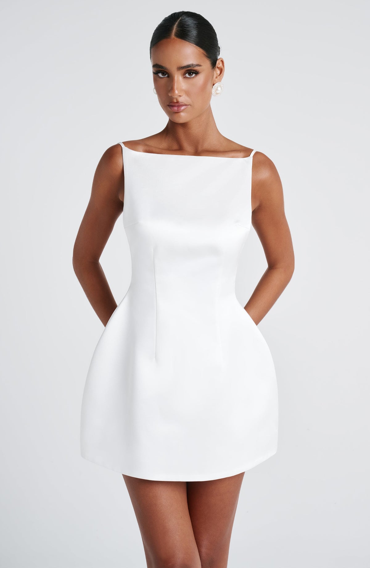 Satin Boat Neck Spaghetti Strap Structured Bubble Mini Dress