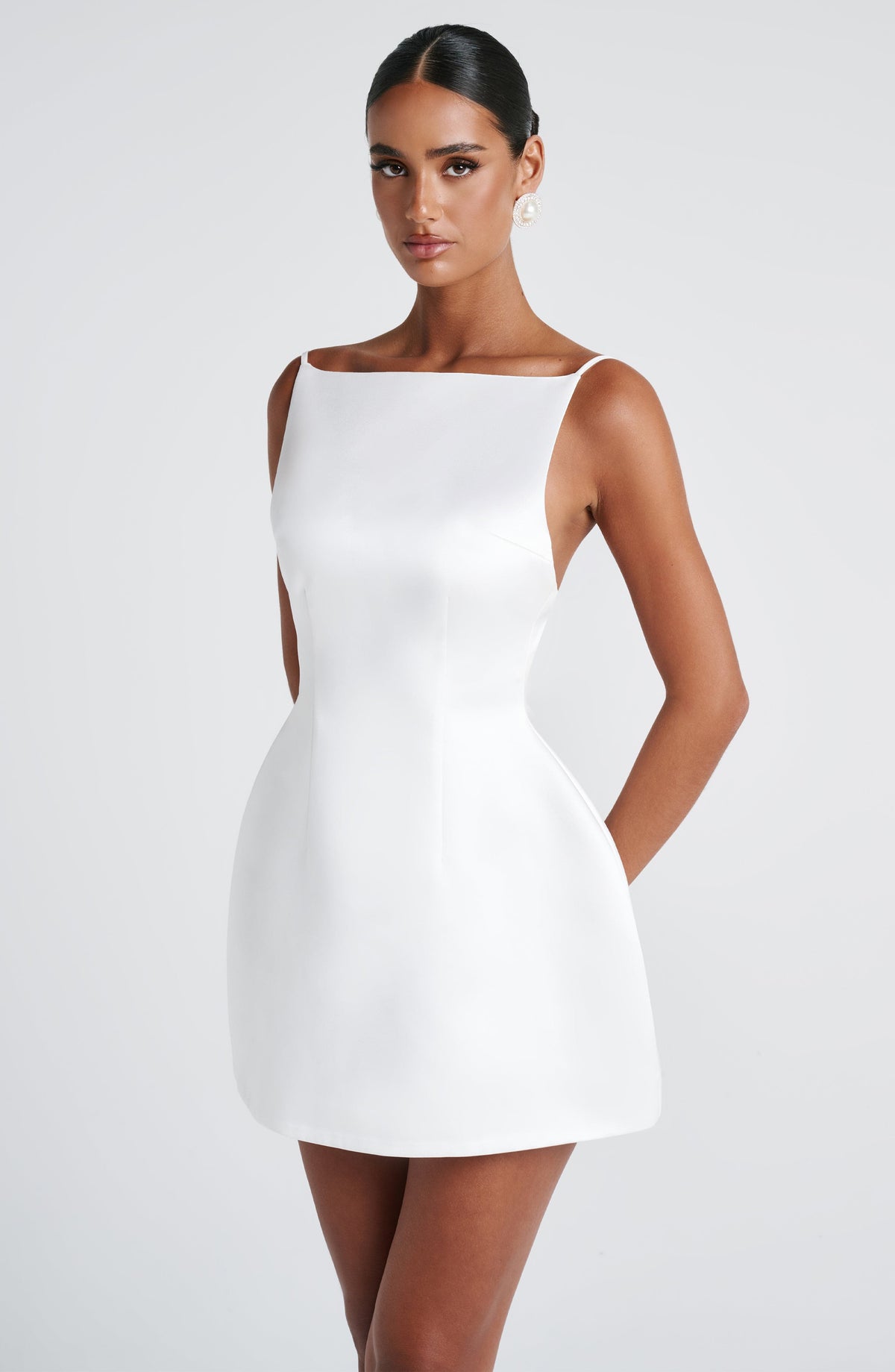 Satin Boat Neck Spaghetti Strap Structured Bubble Mini Dress 4