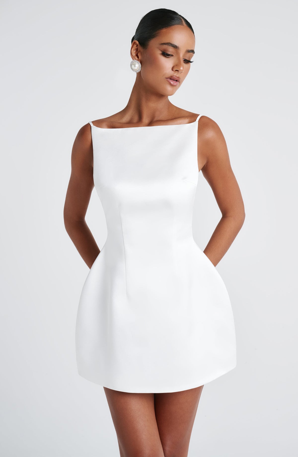 Satin Boat Neck Spaghetti Strap Structured Bubble Mini Dress 3
