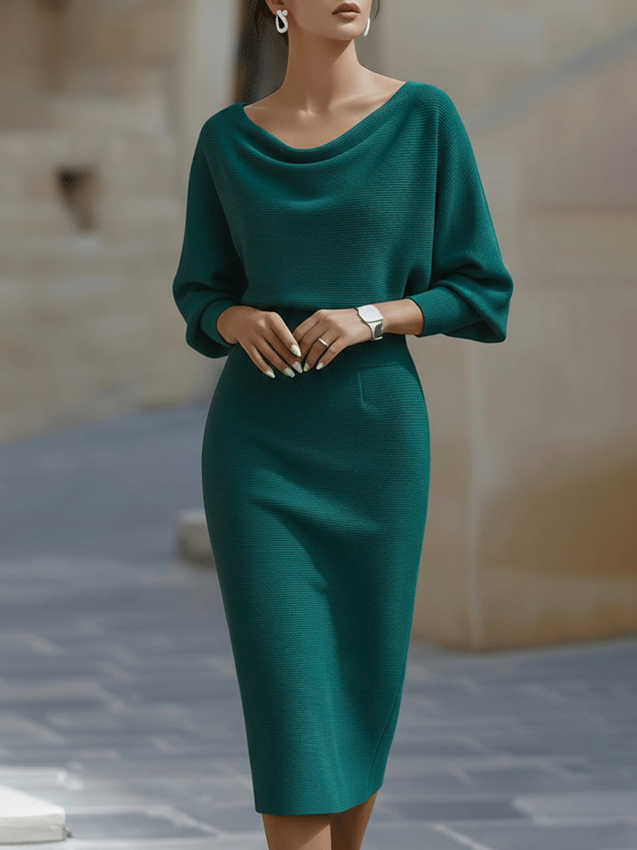 Knit Cowl Neck Batwing Long Sleeve Bodycon Midi Dress 6