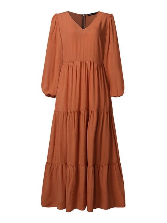 Temperament V Neck Long Sleeve Flowy Dress