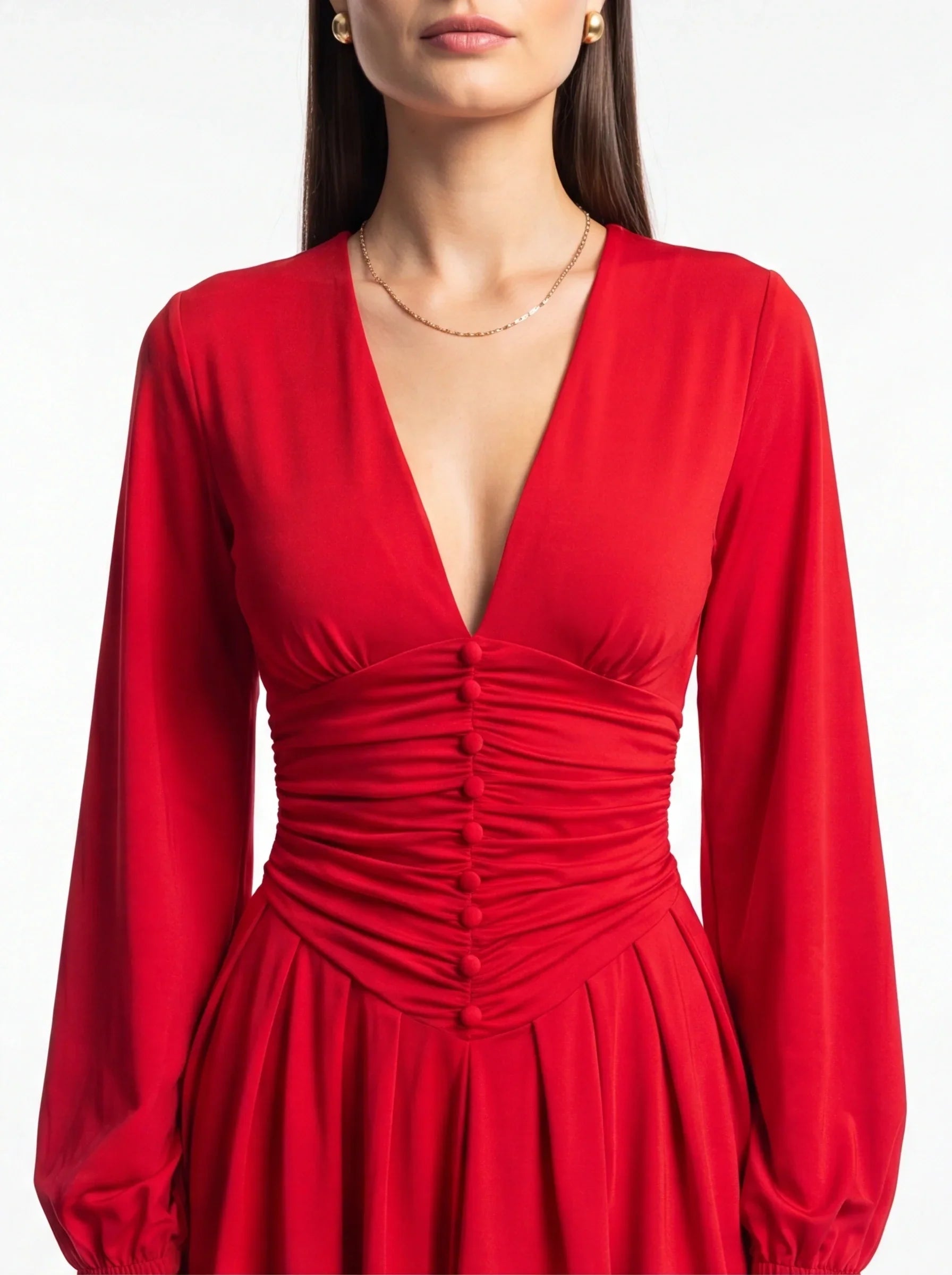 Deep V-Neck Ruched Button Front Long Sleeve A-Line Mini Dress