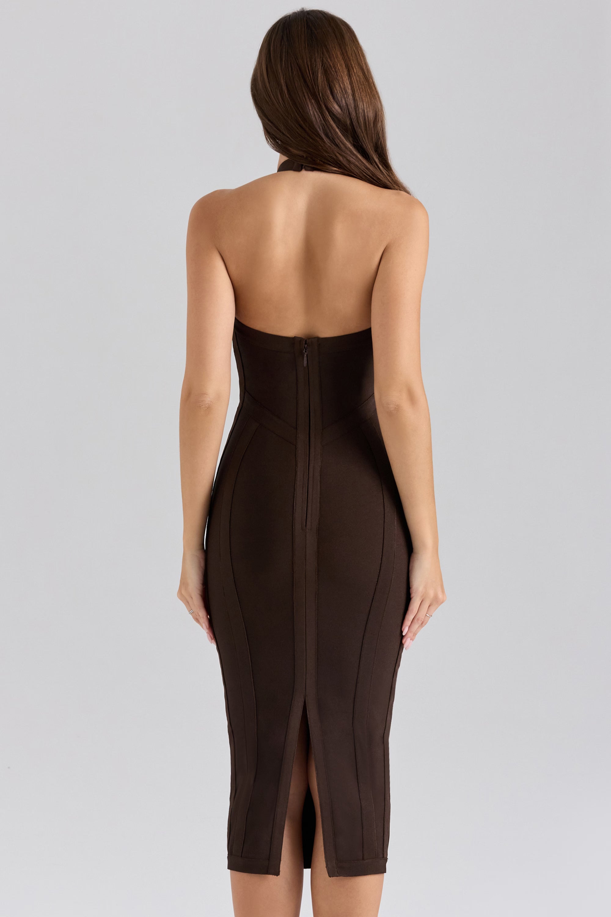 Halter Neck Deep V-Neck Crisscross Bandage Bodycon Midi Dress