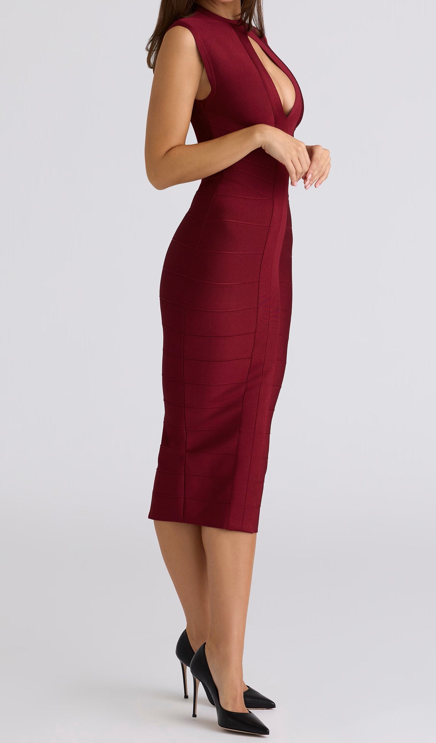 Bandage Mock Neck Deep V Keyhole Cut Out Sleeveless Bodycon Midi Dress