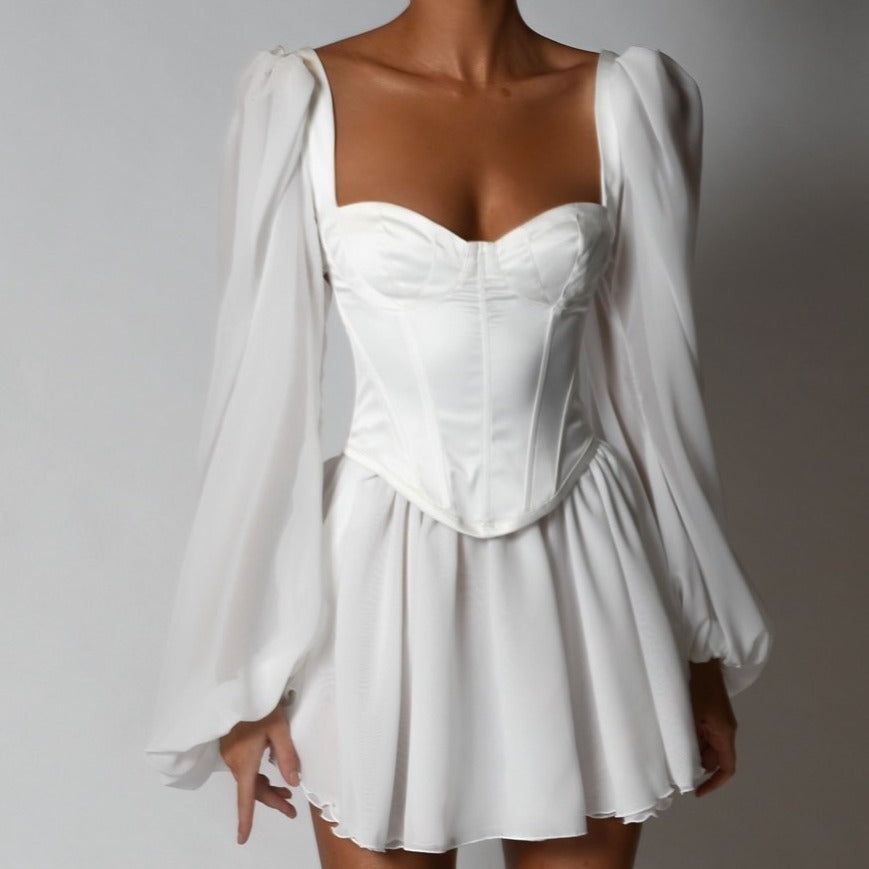 Satin Square Neck Puff Sleeve Corset Mini Dress