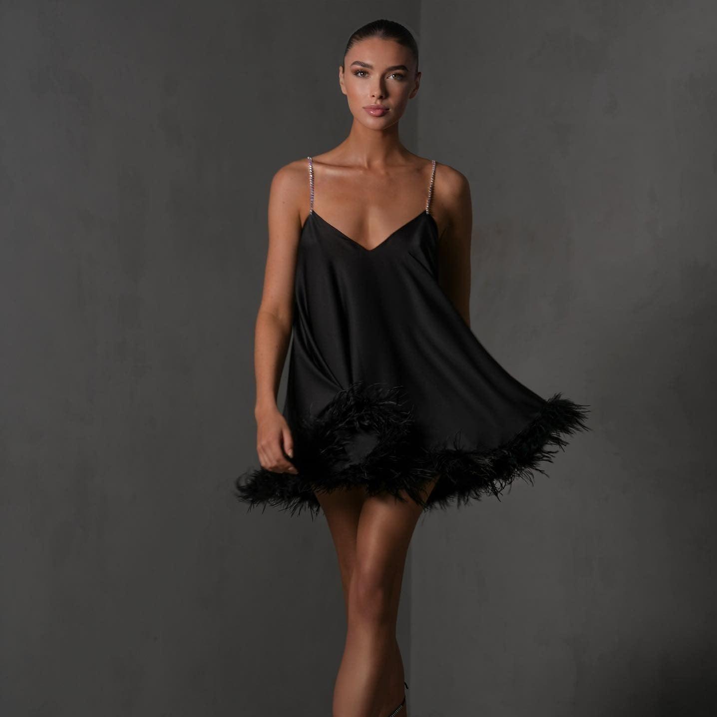 Eternal Affection Feather Trim Chain Strap Mini Dress - View 7