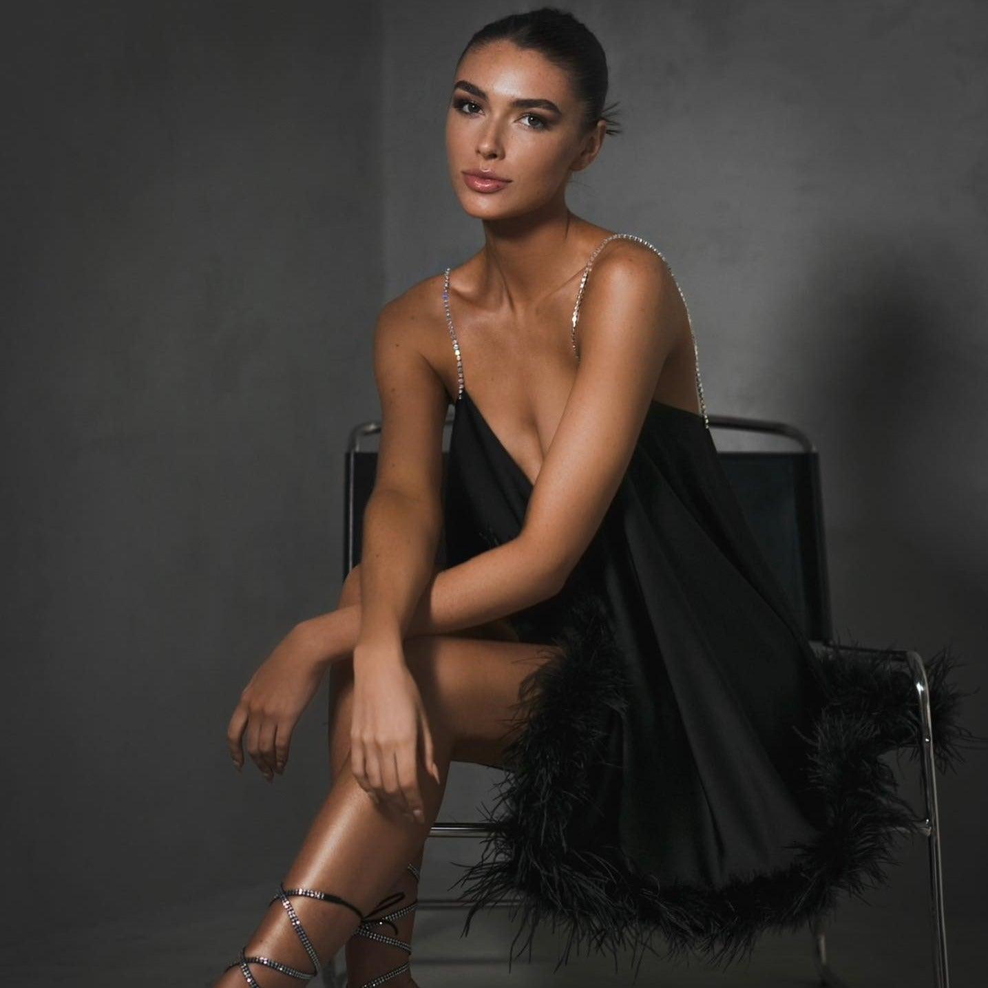 Eternal Affection Feather Trim Chain Strap Mini Dress - View 9