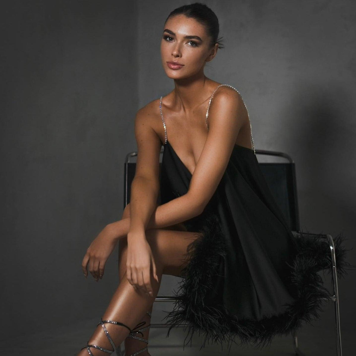 Satin V-Neck Rhinestone Strap Feather Trim Hem Swing Mini Dress 9