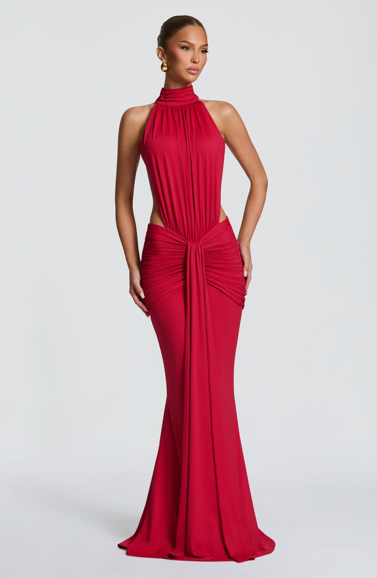 High Neck Halter Side Cut Out Knot Drape Mermaid Maxi Dress