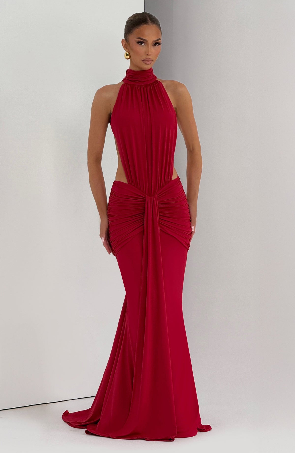High Neck Halter Side Cut Out Knot Drape Mermaid Maxi Dress 12