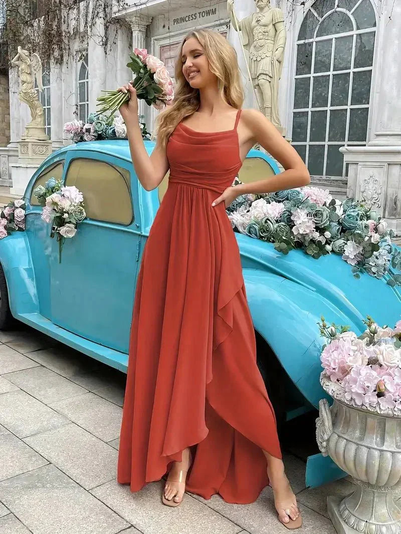 Chiffon Cowl Neck Spaghetti Strap Ruffle A-Line Maxi Dress